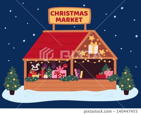 Christmas market with lights. Festive decorations. Gift boxes and sweets. Xmas ornaments. Park marketplace. New Year snowy garlands. Traditional fair. Vector winter holiday souvenir booth Christmas market with lights. Festive decorations. Gift boxes and sweets. Xmas ornaments. Park marketplace. New Year snowy garlands. Traditional fair. Vector winter holiday souvenir booth 140447455