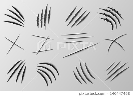 Claw marks. Realistic scratch marks. Animal bite cuts. Monster wounds. Wild bear shred tracks. Werewolf paw prints and furrows. Tears on paper. Torn surface. Vector rough claw traces set Claw marks. Realistic scratch marks. Animal bite cuts. Monster wounds. Wild bear shred tracks. Werewolf paw prints and furrows. Tears on paper. Torn surface. Vector rough claw traces set 140447468