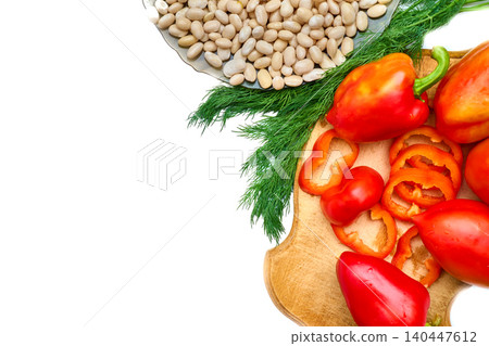 Bean,green dill,sweet red pepper and cutting board Bean,green dill,sweet red pepper and cutting board 140447612