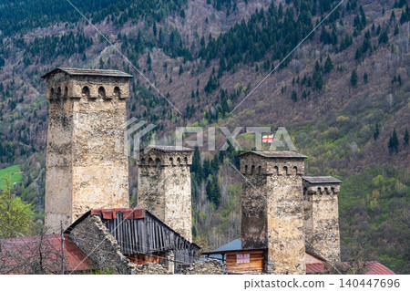 Traditional Svan towers, specifically located in the Svaneti region of Georgia. Traditional Svan towers, specifically located in the Svaneti region of Georgia. 140447696