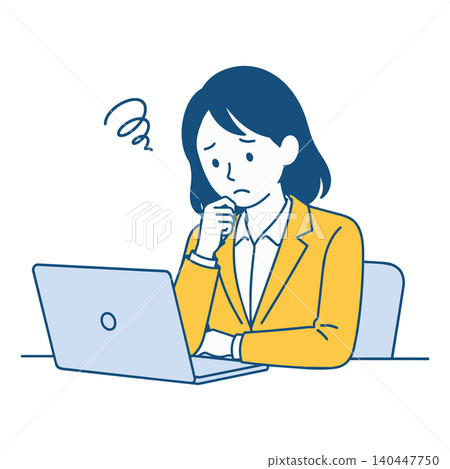 一位女上班族看著電腦螢幕，感到心事重重。 140447750