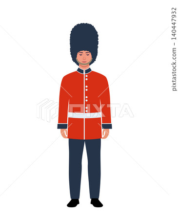 Royal british guardsman. Soldier of the royal guard. Grenadier. Flat vector illustration on white background Royal british guardsman. Soldier of the royal guard. Grenadier. Flat vector illustration on white background 140447932
