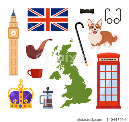 Travel to Great Britain Kingdom, London set. Landmarks, food and culture symbols collection. Vector illustration Travel to Great Britain Kingdom, London set. Landmarks, food and culture symbols collection. Vector illustration 140447934