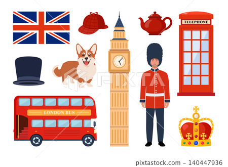 Travel to Great Britain Kingdom, London set. Landmarks, food and culture symbols collection. Vector illustration Travel to Great Britain Kingdom, London set. Landmarks, food and culture symbols collection. Vector illustration 140447936