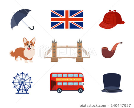 Travel to Great Britain Kingdom, London set. Landmarks, food and culture symbols collection. Vector illustration Travel to Great Britain Kingdom, London set. Landmarks, food and culture symbols collection. Vector illustration 140447937