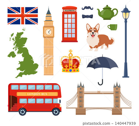 Travel to Great Britain Kingdom, London set. Landmarks, food and culture symbols collection. Vector illustration Travel to Great Britain Kingdom, London set. Landmarks, food and culture symbols collection. Vector illustration 140447939