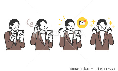 A set of poses for women actively engaged in job hunting or career change activities, featuring illustrations of them searching on their smartphones and expressing joy at receiving job offer emails. A set of poses for women actively engaged in job hunting or career change activities, featuring illustrations of them searching on their smartphones and expressing joy at receiving job offer emails. 140447954