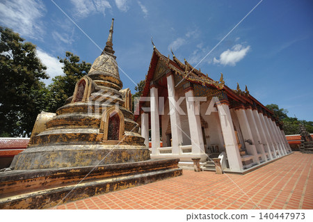 The ancient pagoda and chapel at Wat Khanon are important landmarks that preserve the art and culture of traditional Thai shadow puppetry. Thailand. The ancient pagoda and chapel at Wat Khanon are important landmarks that preserve the art and culture of traditional Thai shadow puppetry. Thailand. 140447973