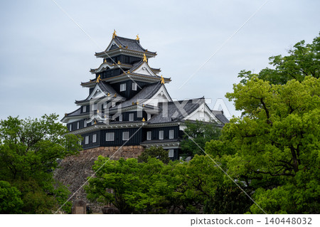A panoramic view of Okayama Castle surrounded by lush green trees. A panoramic view of Okayama Castle surrounded by lush green trees. 140448032