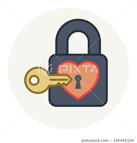 Padlock with heart shape and gold key line icon symbol of love security unlocking feelings and protection. Padlock with heart shape and gold key line icon symbol of love security unlocking feelings and protection. 140448104