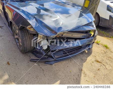 Smashed Front End bumper of Sports Car After Collision With a Utility Pole on a City Street Smashed Front End bumper of Sports Car After Collision With a Utility Pole on a City Street 140448166