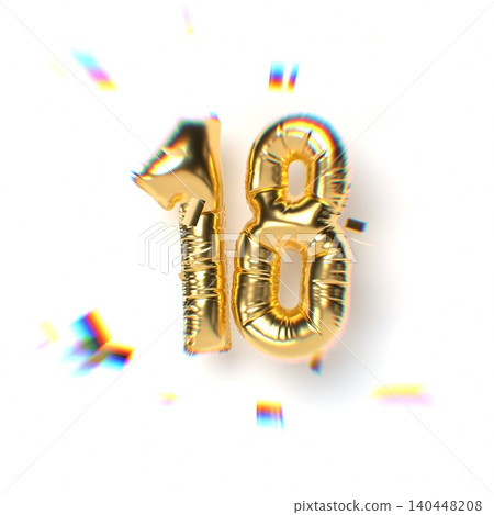 Number 18 Gold Balloon Text and Falling Soft Focus Confetti 140448208