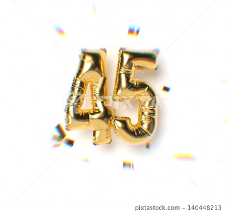 Number 45 Gold Balloon Text and Falling Soft Focus Confetti 140448213