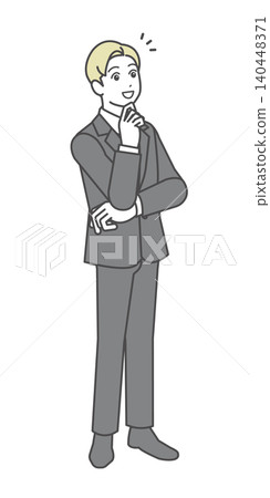 Illustration of a business person (male) who has an epiphany, notices something, and is impressed. 140448371