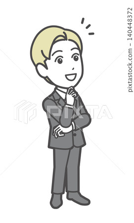 Illustration of a business person (male) who has an epiphany, notices something, and is impressed. Illustration of a business person (male) who has an epiphany, notices something, and is impressed. 140448372