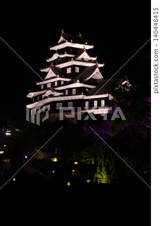 Okayama Castle at night and illuminated purple trees 140448415