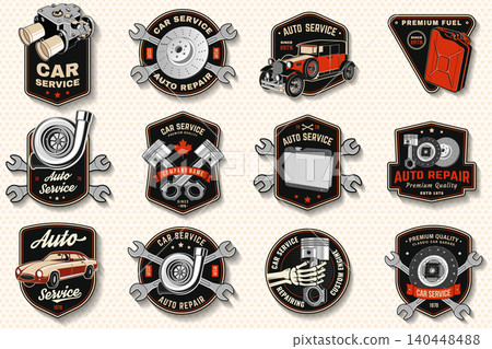 Vintage Garage Service Badges Vol. 2. Retro Automotive Repair Emblems Collection with Turbocharger, Carburetor, Radiator and Classic Car Vector Illustrations. Premium Auto Workshop and Mechanic Garage Vintage Garage Service Badges Vol. 2. Retro Automotive Repair Emblems Collection with Turbocharger, Carburetor, Radiator and Classic Car Vector Illustrations. Premium Auto Workshop and Mechanic Garage 140448488