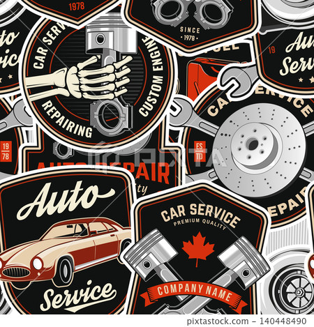 Vintage Automotive Badge Seamless Pattern. Retro Car Service Background with Classic Car, Pistons and Garage Emblems. Vector Industrial Texture for Fabric and Packaging Design Vintage Automotive Badge Seamless Pattern. Retro Car Service Background with Classic Car, Pistons and Garage Emblems. Vector Industrial Texture for Fabric and Packaging Design 140448490