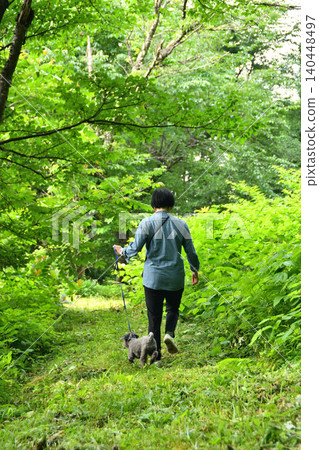 A woman and her dog walking through the fresh greenery. A woman and her dog walking through the fresh greenery. 140448497