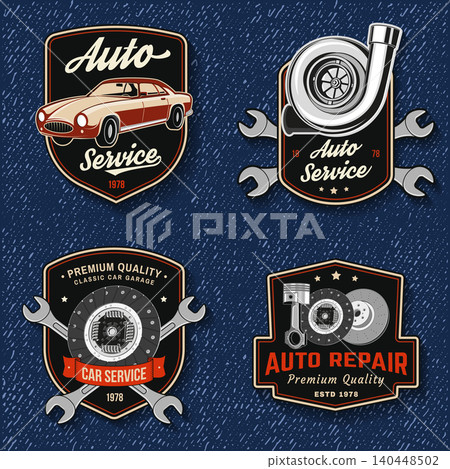 Vintage Car Service Badge Collection. Retro Garage Emblems with Classic Car, Turbocharger, Clutch and Engine Components. Automotive Repair Vector Set for Workshop Branding 140448502