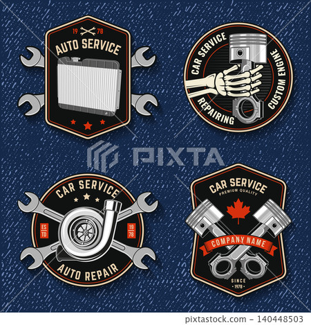 Vintage Auto Repair Badge Collection. Retro Automotive Service Emblems with Radiator, Turbocharger, Pistons and Engine Parts. Classic Garage Vector Set for Mechanic Workshop Design Vintage Auto Repair Badge Collection. Retro Automotive Service Emblems with Radiator, Turbocharger, Pistons and Engine Parts. Classic Garage Vector Set for Mechanic Workshop Design 140448503