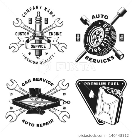 Vintage Garage Service Badge Collection. Retro Automotive Repair Emblems Set with Fuel Can, Jack, Tire and Spark Plug for Workshop Branding. Vector Illustration for Garage Workshop and Classic Engine 140448512