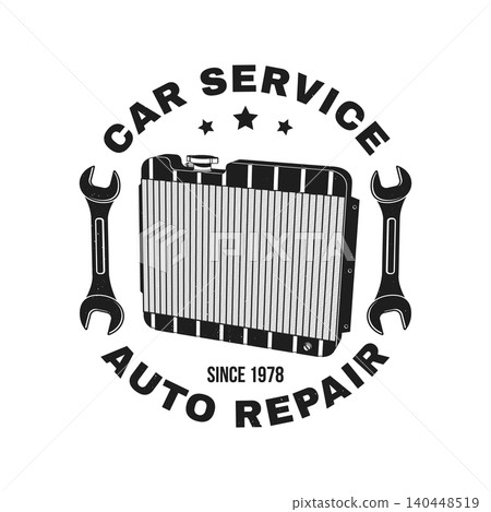 Vintage Radiator Car Service Badge. Retro Garage Repair Emblem with Automotive Cooling System for Mechanic Workshop Design. Vector Illustration for Garage Workshop and Classic Engine Design 140448519