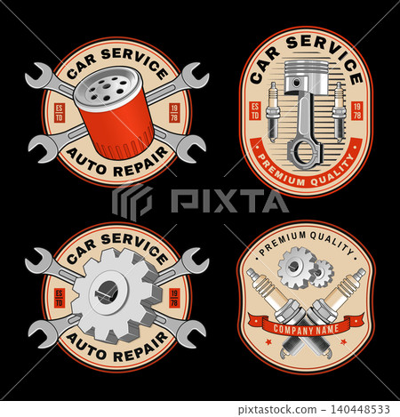 Retro Automotive Emblem Set with Oil Filter, Piston, Gear and Spark Plug Badges for Garage and Auto Repair Design. Retro automotive patches for mechanic workshop branding, stickers and apparel 140448533