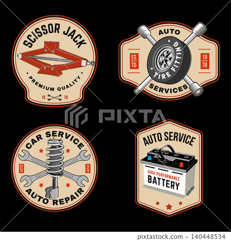 Vintage Garage Badge Collection. Retro Automotive Emblems with Battery, Suspension, Tire Service and Scissor Jack Vector Set. Retro automotive patches for mechanic workshop branding, stickers and Vintage Garage Badge Collection. Retro Automotive Emblems with Battery, Suspension, Tire Service and Scissor Jack Vector Set. Retro automotive patches for mechanic workshop branding, stickers and 140448534