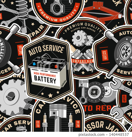 Vintage Auto Repair Pattern with Garage Service Stickers, Battery Badge, Piston Emblems and Retro Workshop Graphics. Vector. Seamless pattern with vintage garage sticker. 140448537