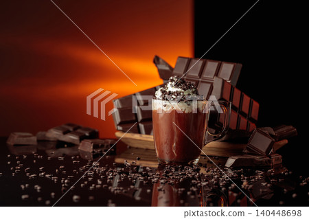 Hot chocolate with whipped cream sprinkled with chocolate crumb. Hot chocolate with whipped cream sprinkled with chocolate crumb. 140448698