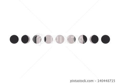 Nine different phases of the moon, arranged horizontally, in white and gray. Nine different phases of the moon, arranged horizontally, in white and gray. 140448715