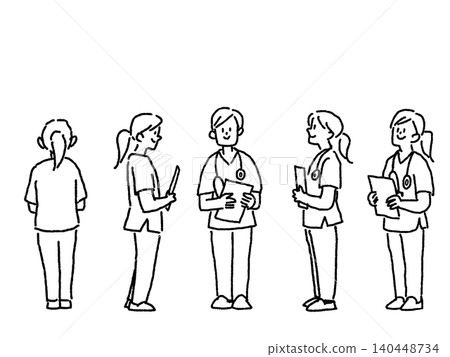 A set of line drawings depicting a female medical professional standing with a stethoscope. A set of line drawings depicting a female medical professional standing with a stethoscope. 140448734