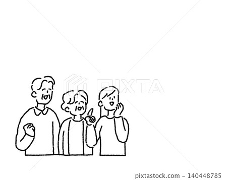 A line drawing of an elderly couple and their daughter smiling and looking upwards. A line drawing of an elderly couple and their daughter smiling and looking upwards. 140448785