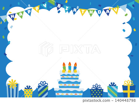 [Vector] Blue birthday party frame background with "HAPPY BIRTHDAY" text (landscape orientation) 140448798