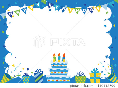 [Vector] Blue birthday party frame background with "HAPPY BIRTHDAY" text (landscape orientation) 140448799