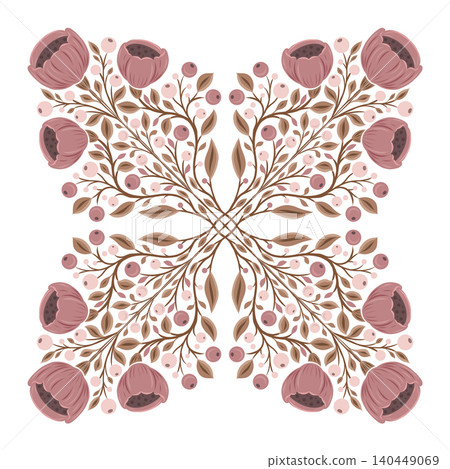 Vector tracery floral kaleidoscope arrangement. Decorative ornament of bouquets of poppies. Folk art wildflowers in pastel colors Vector tracery floral kaleidoscope arrangement. Decorative ornament of bouquets of poppies. Folk art wildflowers in pastel colors 140449069