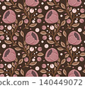 Vector folk art seamless pattern with poppies and berries on dark background. Tracery vertical floral ornament. Texture with flat hand drawn flowers 140449072