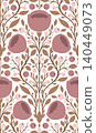Vector seamless decorative pattern with silhouette of flowers. Tracery flat texture with poppies and berries. Folk art wildflowers arrangement 140449073