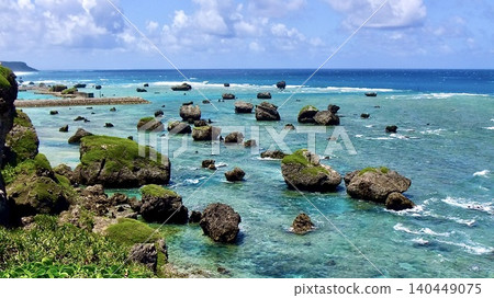 Miyako Island's Higashi-Hennazaki Cape: Coral reefs and towering rock formations. 140449075