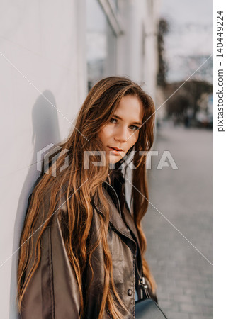 Woman leather jacket street style portrait of a young brunette leaning against a white wall in soft sunlight Woman leather jacket street style portrait of a young brunette leaning against a white wall in soft sunlight 140449224