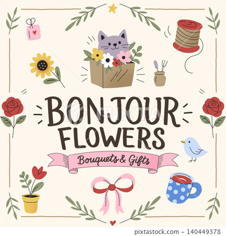 Flower boutique sign with cat and bouquets in playful doodle style Flower boutique sign with cat and bouquets in playful doodle style 140449378