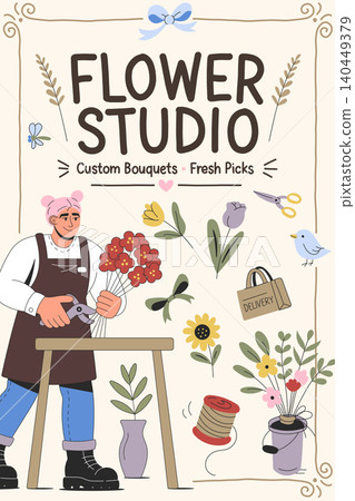 Flower studio poster with florist and custom bouquets Flower studio poster with florist and custom bouquets 140449379