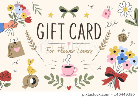 Gift card template with floral doodles for flower lovers Gift card template with floral doodles for flower lovers 140449380