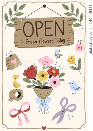 Open flower shop sign with bouquet and craft elements Open flower shop sign with bouquet and craft elements 140449381