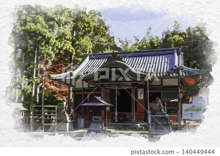 Watercolor style painting of the main hall of the Oji-yama Makekirai Inari Shrine in Tamba-Sasayama, Hyogo Prefecture. Watercolor style painting of the main hall of the Oji-yama Makekirai Inari Shrine in Tamba-Sasayama, Hyogo Prefecture. 140449444