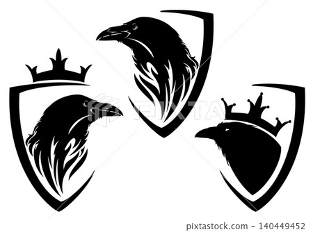 black raven bird profile head with royal crown and heraldic shield vector design set black raven bird profile head with royal crown and heraldic shield vector design set 140449452