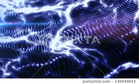 Blue futuristic particle mesh with glowing dotted waves and luminous depth, illustrating data flow, motion, and digital connectivity Blue futuristic particle mesh with glowing dotted waves and luminous depth, illustrating data flow, motion, and digital connectivity 140449643