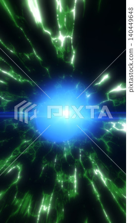 Glowing blue energy core surrounded by green plasma streaks on a dark abstract sci-fi background. Glowing blue energy core surrounded by green plasma streaks on a dark abstract sci-fi background. 140449648