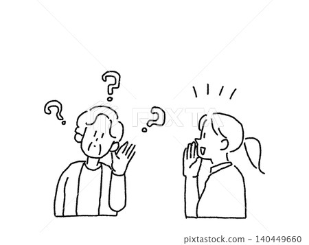 護理人員和護士與老年婦女交談的溝通插圖(線條畫)。 護理人員和護士與老年婦女交談的溝通插圖(線條畫)。 140449660